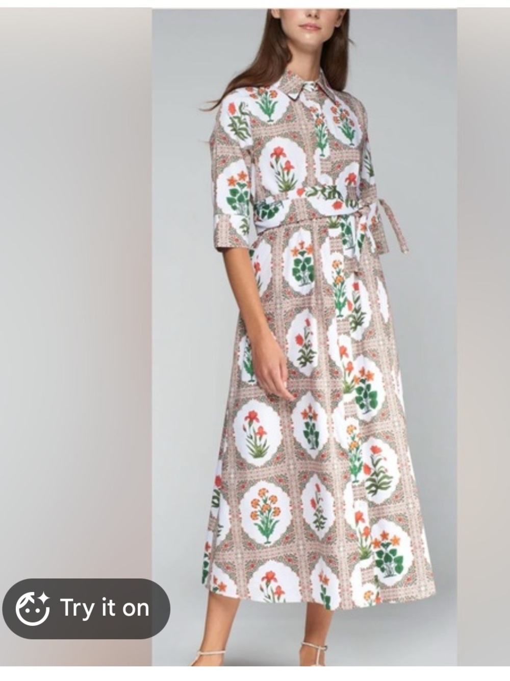 Vilagallo Floral Motif Shirt Dress in White and Green